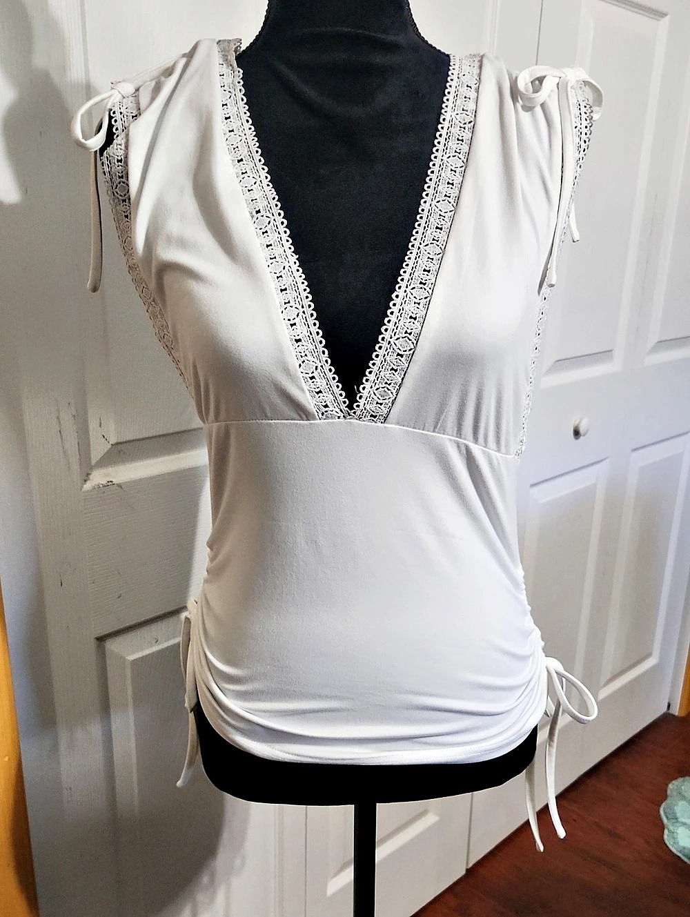 White Lace Trim Deep V Ruched Tank Top